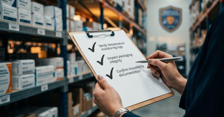 Compliance auditor reviewing a checklist for vetting an ISO 13485-certified 3PL in a medical device warehouse